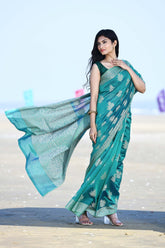 'Ruhani' Teal Pure Resham Cotton Banarasi Handloom Saree